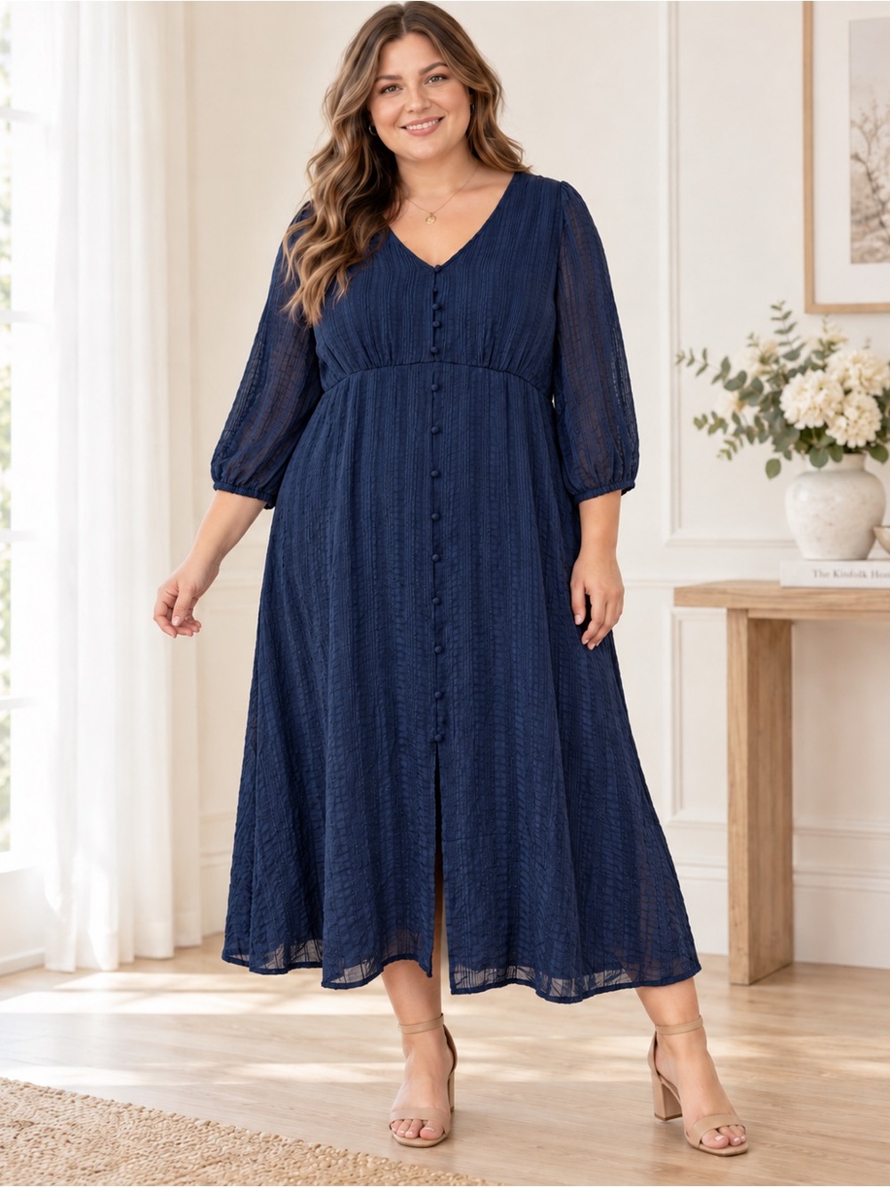 LC Lauren Conrad Mineral Navy Button Front Midi Dress XXL NWT